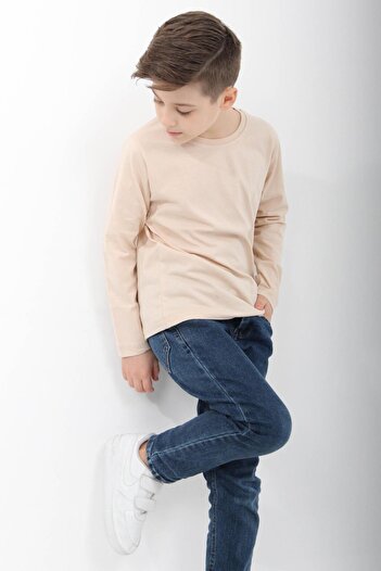 Perendi %100 Pamuklu Kız ve Erkek Unisex Uzun Kollu Basic Tshirt Taş