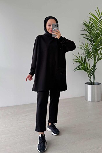 Ka Hijab Crew Neck Single Pocket Two Thread Hijab Set of 2 - Black