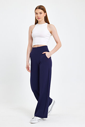 Club Floral Fashıon Navy Blue Corsage Belt Loose Cut Crepe Trousers