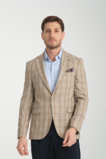 Frappoli Sanofi Ανδρικό Μπεζ καρό Slim Fit Mono Collar Sports Blazer Jacket