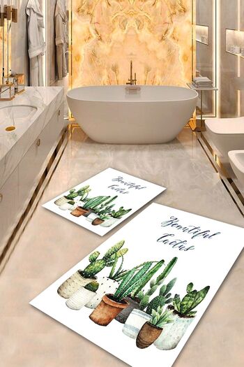 Aldora White Non-Slip Base Cactus Bathroom Mat Set Bps-1065