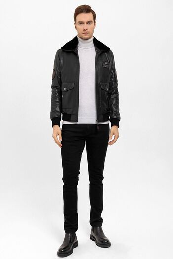 Deriderim Black Top Gun Collar Furry Men's Genuine Leather Coat