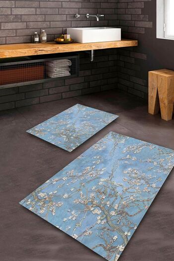 Aldora Blue Non-Slip Base Flower Bathroom Mat Set Bps-1556
