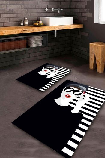 Aldora Black Non-Slip Sole Figured Bathroom Mat Set Bps-8431