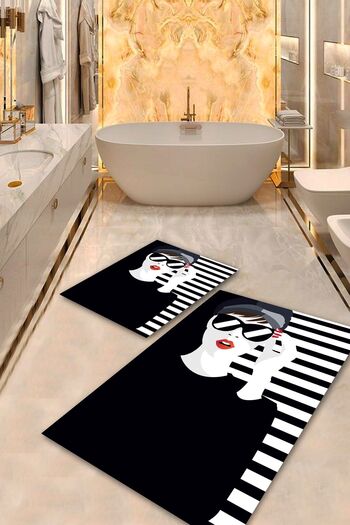 Aldora Black Non-Slip Sole Figured Bathroom Mat Set Bps-8431