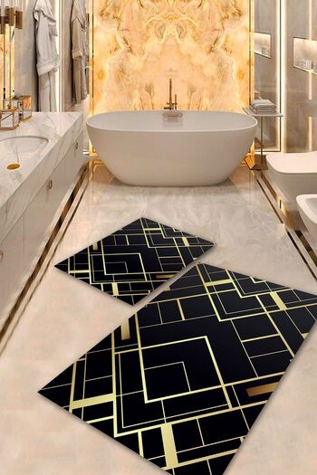 Aldora Modern Bathroom Toilet Seat Set with Black-Gold Pvc Leather Non-Slip Base - Washable Stain Resistant