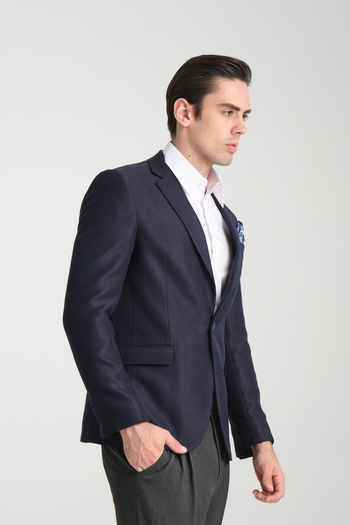 Frappoli Str Men's Navy Blue Slim Fit Mono Collar Self Patterned Sports Blazer Jacket