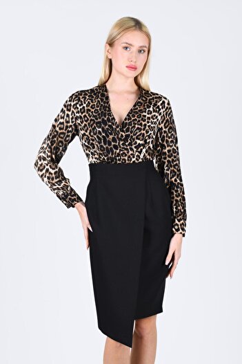 la luce Camel Siyah Çift Renk Leopar Desen Elbise - LE479