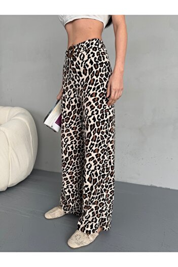 alanora Women's High Waist Leopard Print Buckle Detailed Palazzo Trousers