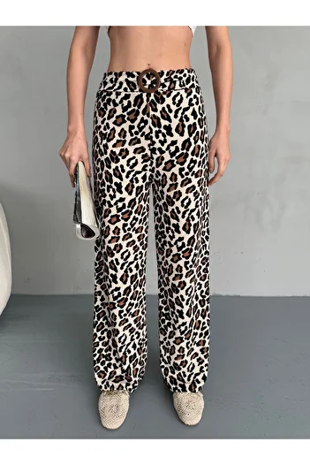 alanora Women's High Waist Leopard Print Buckle Detailed Palazzo Trousers