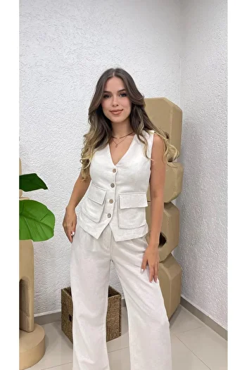 MODA Women's Buttoned Pocket Detail Vest Loose Leg Pants Suit