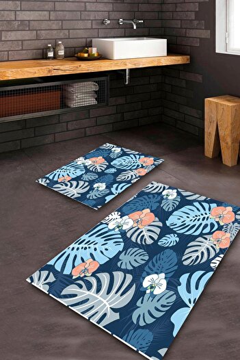 Aldora Blue Non-Slip Base Leaf Theme Bathroom Mat Set Bps-7550