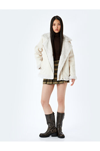 Koton Faux Fur Collar Leather Look Zippered Pocket Biker Jacket