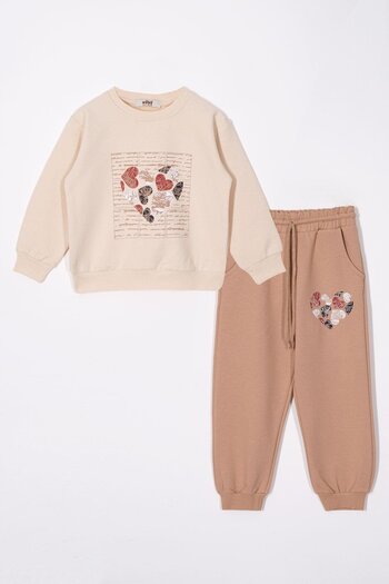 zepkids Heart Printed Beige Mink Color Girl's Tracksuit Set
