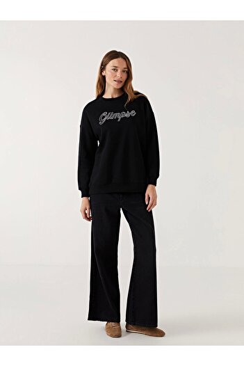 LC Waikiki Lcw Modest Black Printed Oversize Women's Thick Sweatshirt Tunic