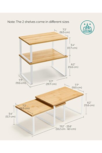 Mahmayi Kitchen Counter Shelves & Storage Rack with Metal, White and Natural, Set of 2