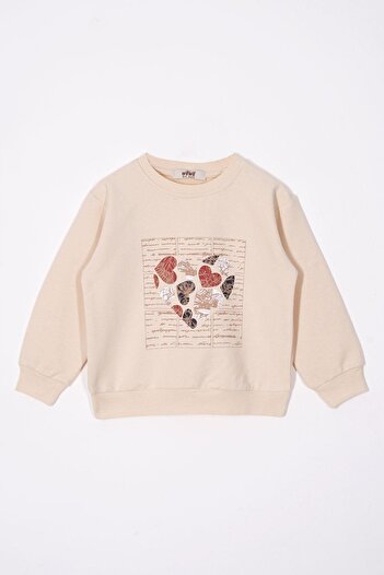 zepkids Heart Printed Beige Mink Color Girl's Tracksuit Set