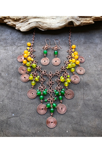 MODA Agate Natural Stone Handmade Copper Wire Wrap Necklace Earrings Set