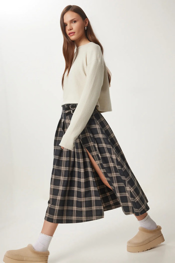 Marjinal Front Slit Plaid Patterned Belted Skirt