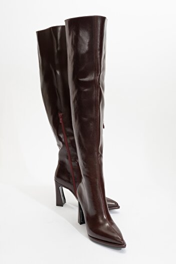 LuviShoes Lepa Burgundy Skin Thick Heeled Women's over the Knee Boots
