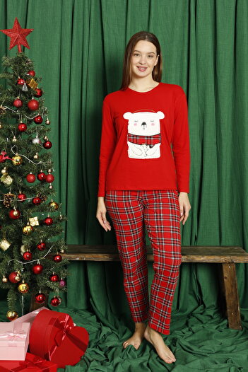 ELİTOL Red Bear Patterned Cotton Lycra Pajamas Set