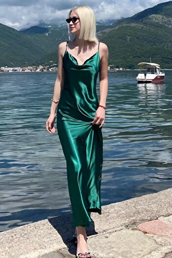 Madmext Green Satin Long Dress - Mad Girls Mg1408