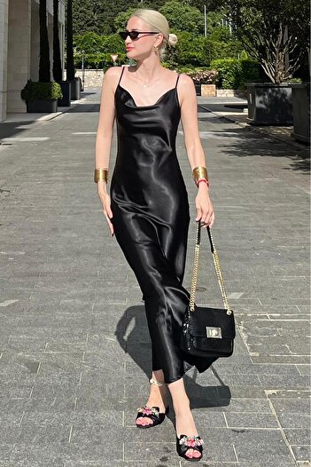 Madmext Mad Girls Black Long Satin Dress Mg1408