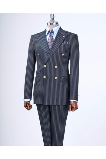 TerziAdemAltun Italian Style Double-Breasted Jacket Pants Suit Navy Blue T4333