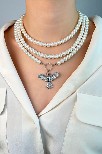 Sose Moda Silver Phoenix Triple Pearl Necklace - White