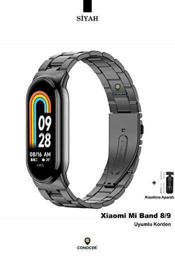 CONOCER Xiaomi Mi Band 8/ Mi Band 9 Compatible Metal Link Adjustable Clip-On High Quality Steel Cord