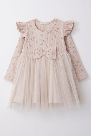 Breeze Beige Colored Girl's Long Sleeve Floral Patterned Tulle Dress 1.5-5 Years