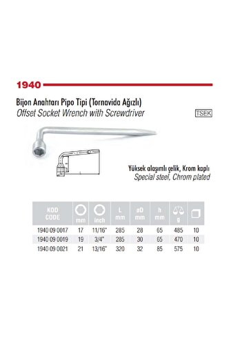 İzeltaş 17 mm İzeltaş Wheel Spanner - Tube Type, with Screwdriver Mouth, 1940 09 0017