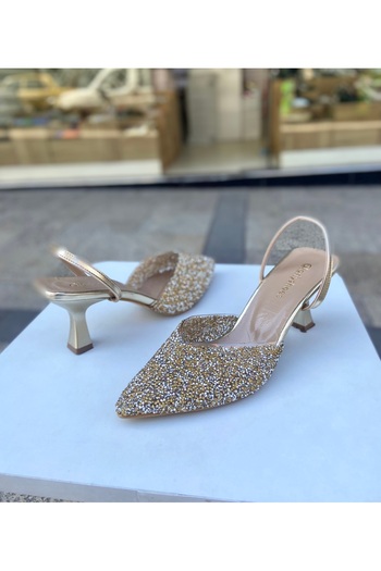 Gloriys Ayakkabı & Çanta Gold cam taşlı 6 cm topuklu ayakkabı 01210