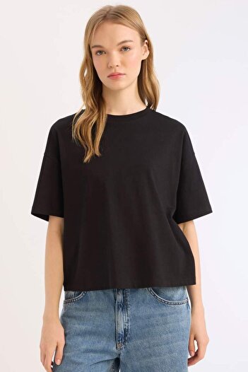 DeFacto Coool Loose Fit Crew Neck Basic Plain Thick Fabric Short Sleeve Black T-Shirt E0291Ax25Sm