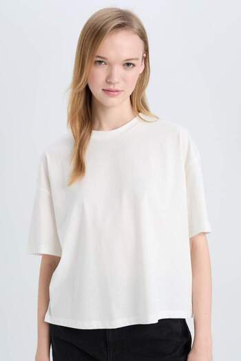 DeFacto Cool Loose Fit Crew Neck Basic Απλό Χοντρό κοντομάνικο λευκό μπλουζάκι E0291ax25sm