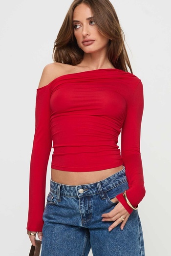 World Fashion Trends One Off the Shoulder Full Gathered Long Sleeve Crop Blouse