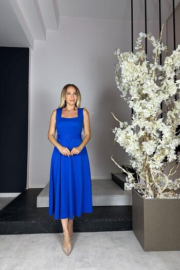 gesmoda G1063 Blue Square Collar Belted Flared Dress