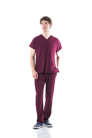 By Terzi Medikal Men's Y-Premium Burgundy (Team) Lycra Scrubs Doctor and Nurse Uniform