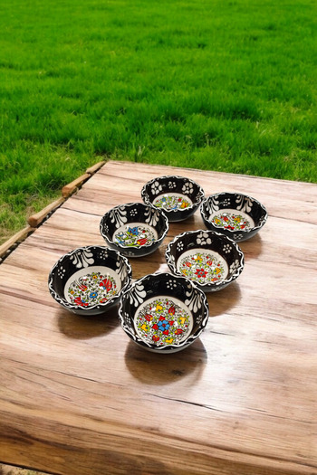 Salizera 8cm Kutahya Pattern Ceramic Tile Set - 6 Pieces Sauce Bowl and Jam Bowl