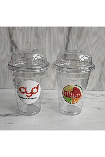 maycup 14 Oz FİRMANIZA ÖZEL BASKILI Kapaklı Sert Plastik Bardak 500 Adet Bardak+Kapak ŞEFFAF PET BARDAK