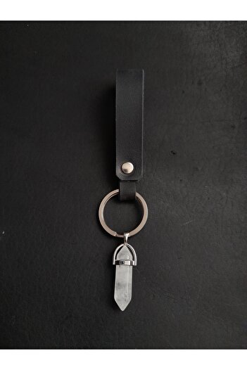 BSN Store Black Genuine Leather Keychain with Quartz Natural Stone