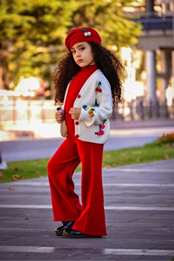 Marka Sensin Kids Girl's Cherry Patterned Design Dress 4-Piece Knitwear Set