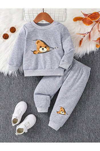 DUBU BUTİK Zip Bear Baskılı Pamuk Çocuk Bisiklet Yaka Takım - Gri Jogger Baskılı Kız Erkek Çocuk