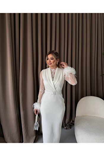 1Moda1Tarz Ειδικά σχεδιασμένο γυναικείο φόρεμα με λεπτομέρεια σιφόν και κρεμαστό κόσμημα με επένδυση ζώνης