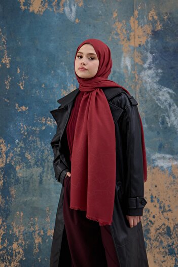 İpekhan Red Square Patterned Cotton Jacquard Shawl - 8012-15