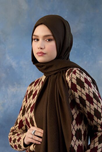 İpekhan Khaki Color Logo Patterned Cotton Jacquard Shawl - 8008-18