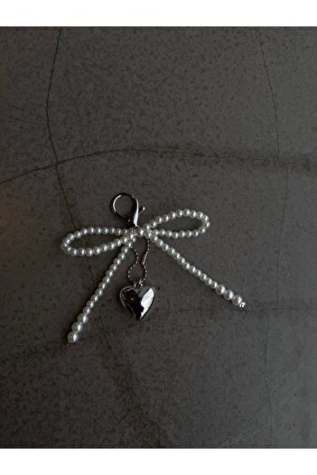 minebag Metal Heart Pearl Ribbon Detailed Purse Charm Keychain