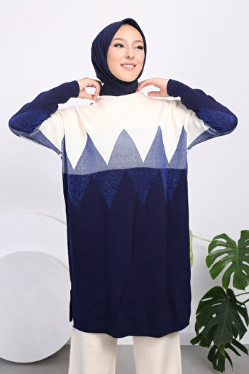 Bold Grup Navy Blue Glittery Zigzag Knitwear Set - Women's Tunic, Pants and Hijab Set of Two