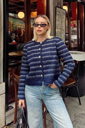 Swist Navy Blue Tami Striped Bearded Gold Buttoned Women's Knitwear Cardigan