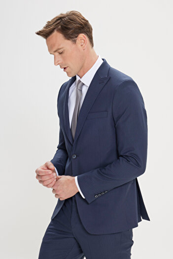 ALTINYILDIZ CLASSICS Men's Navy Blue-Grey Slim Fit Slim Fit Swallow Collar Striped Suit